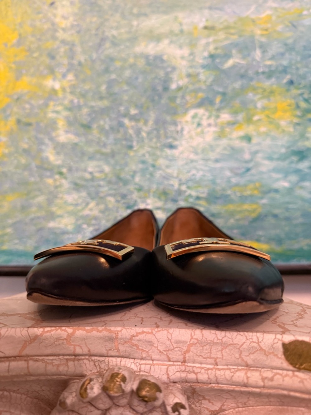 Tory Burch Gigi Black Pointed Toe Flats with Gold Logo - Picture 3 of 9